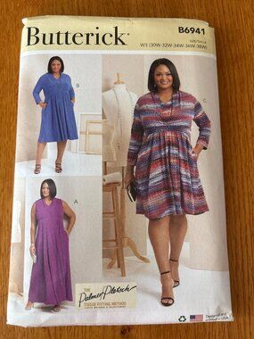 Butterick B6941 Womens Dress Pattern Size 30W-32W-34W-36W-38W Uncut